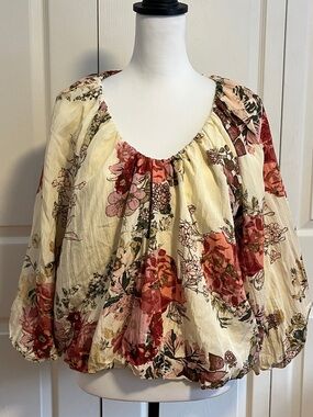 Maurice’s, women’s XXL, Cream Floral Peasant Blouse with Pink & Rose Red Blooms